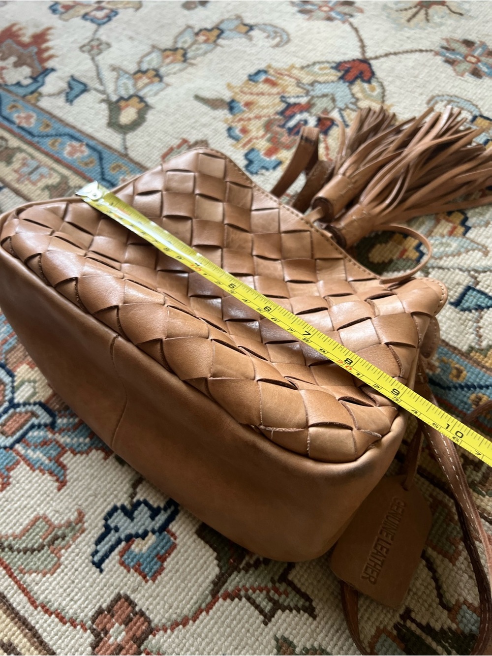 Vintage Woven Leather Crossbody Bag with Tassel - Tan - Picture 3 of 5